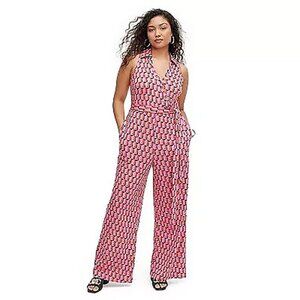 Diane Von Furstenberg Collared Sleeveless Pink Geo Jumpsuit Size XL